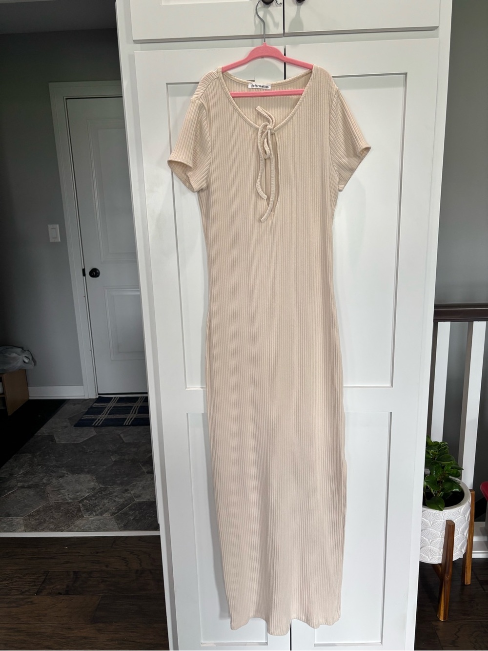 Reformation Cream Ribbed Tie-Neck Maxi Dress